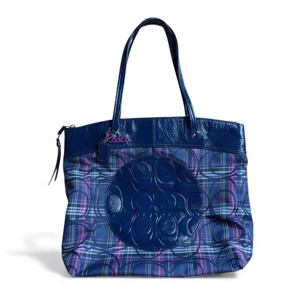 Coach Large Blue and Purple Tartan Tote Bag Laura Shoulder Travel Plaid
